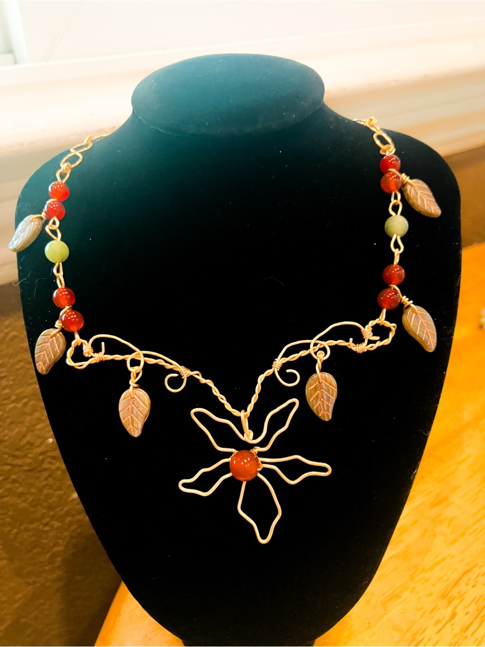 14k Gold Plated Wire Wrapped Leaf Flower Necklace